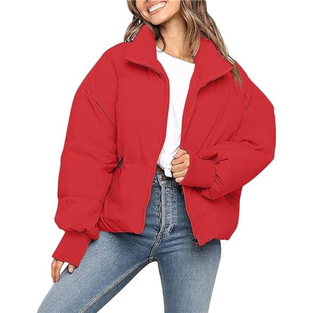 Women's Winter Long Sleeve Zip Puffer Jacket Pockets Baggy Short Down Coats